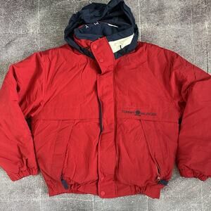 Men's Vintage 90's Tommy Hilfiger Red Navy Blue Down Zip Puffer Coat Jacket Sz L